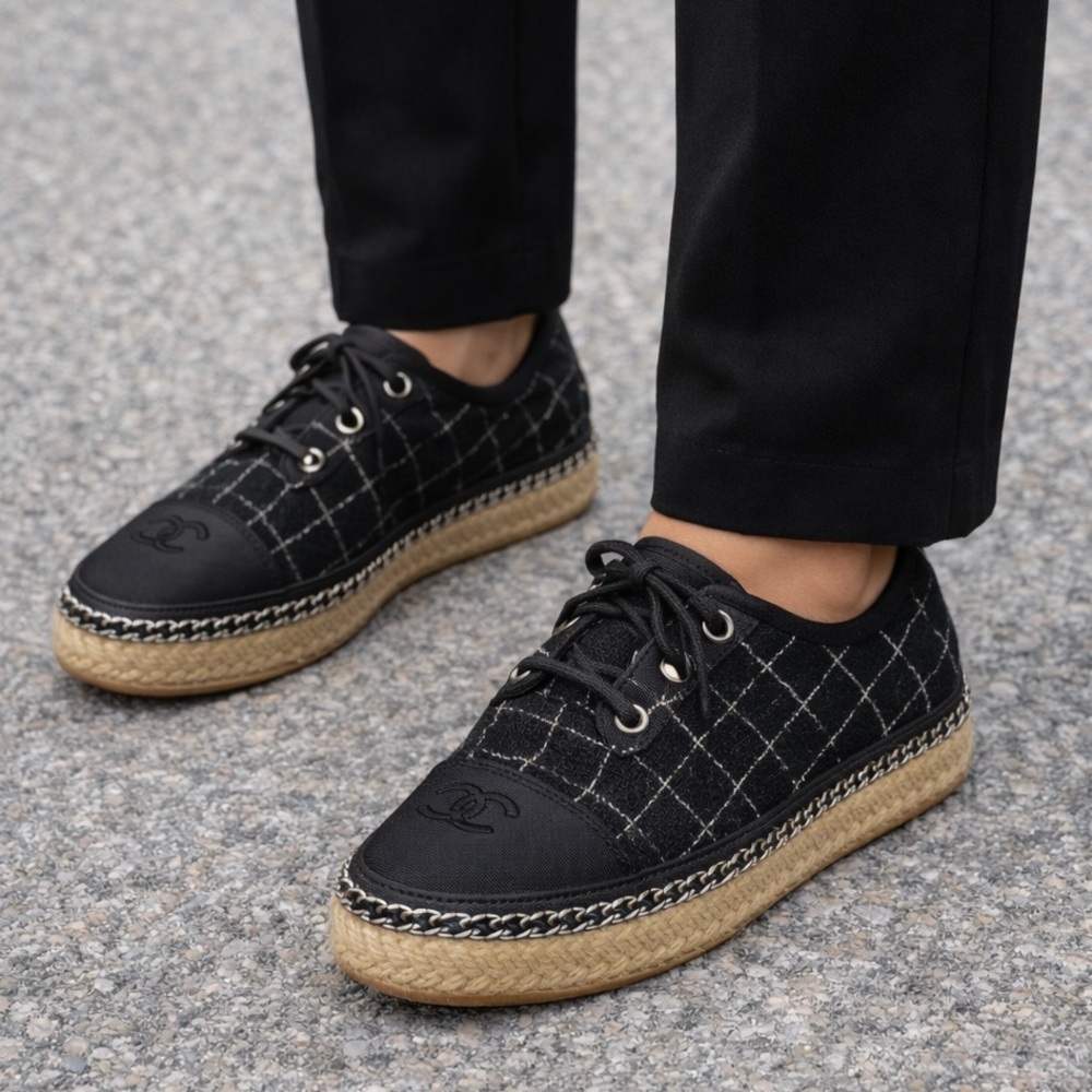 CHANEL Black Quilted Lace-Up Espadrille Sneakers Size 38 Designer Luxury - Picture 7 of 15